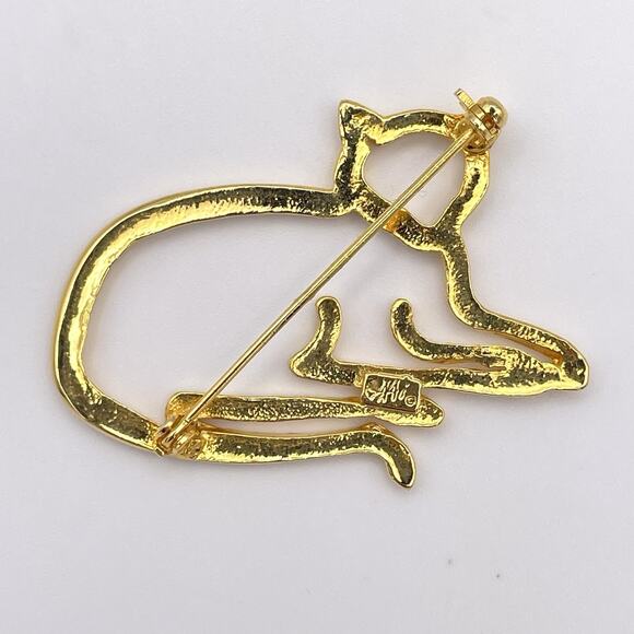 Gold Tone Openwork Cat Kitten Brooch Pin Rhinestone Collar Signed AAi Vintage - Picture 3 of 7